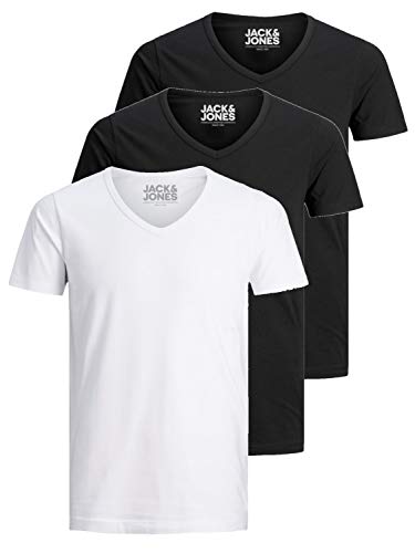 Jack and Jones Herren T-Shirt Basic V-Ausschnitt 3er Pack Einfarbig Slim Fit in Weiß Schwarz Blau Grau XL von JACK & JONES