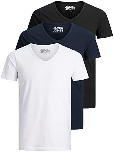 Jack and Jones Herren T-Shirt Basic V-Ausschnitt 3er Pack Einfarbig Slim Fit in Weiß Schwarz Blau Grau XXL von JACK & JONES