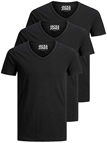 Jack and Jones Herren T-Shirt Basic V-Ausschnitt 3er Pack Einfarbig Slim Fit in Weiß Schwarz Blau Grau von JACK & JONES