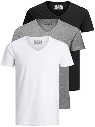 Jack and Jones Herren T-Shirt Basic V-Ausschnitt 3er Pack Einfarbig Slim Fit in Weiß Schwarz Blau Grau von JACK & JONES