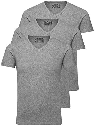 Jack and Jones Herren T-Shirt Basic V-Ausschnitt 3er Pack Einfarbig Slim Fit in Weiß Schwarz Blau Grau XL von JACK & JONES