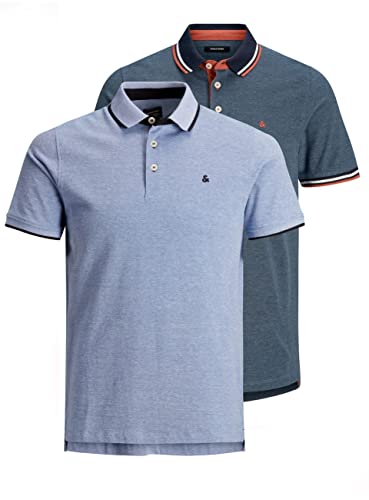 Jack & Jones Herren Slim Fit Polo Shirt JJEPAULOS Uni Sommer Hemd Kragen Kurz Arm Basic Pique Cotton, 2er Pack (Bright Cobalt/Denim Blue) , M von JACK & JONES