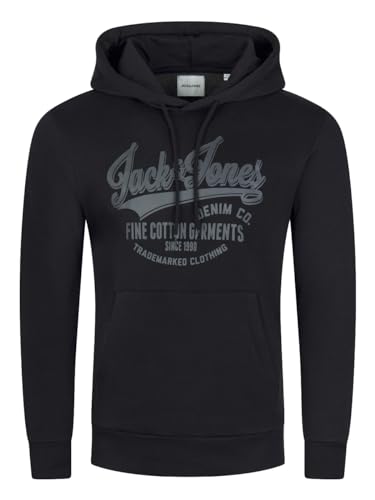 Jack & Jones Hoodie Herren Regular Fit JJEADRIAN Kapuzenpullover Pullover Sweater Print Schwarz S, Größe:S, Farbe:Black (Jack & Jones) von JACK & JONES