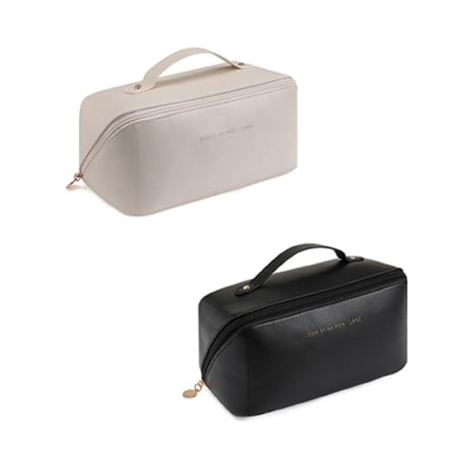 2 Stück Mehrschichtige Kosmetiktasche mit Fächern – Große wasserdichte PU-Leder Make-up Organizer Tasche, Tragbarer Reise Waschbeutel für Damen, Handheld Schminkkoffer (Rosa + Braun) von JACKANNA