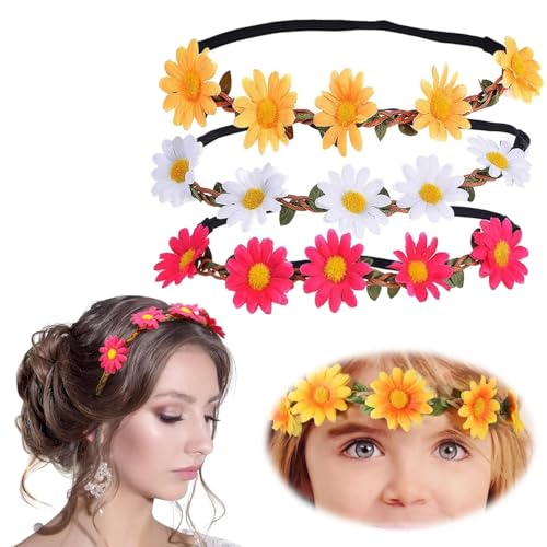 3-teiliger Gänseblümchenkranz Kopfschmuck" verstellbares Haarband + Hochzeit Brautkranz + Festival-Party-Stirnband (weiß/gelb/rosa drei Farben) von JACKANNA