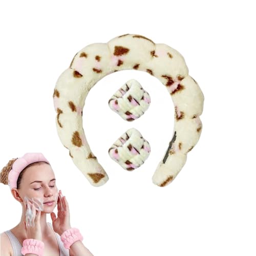 3er-Set Premium Spa Haarbänder für Damen & Mädchen - Extra weiches Anti-Rutsch Make-up Band + Armband (5,5 cm) Breites Stirnband aus hautfreundlichem (Cremeweißes Leopardenmuster, Einzeln 76g) von JACKANNA