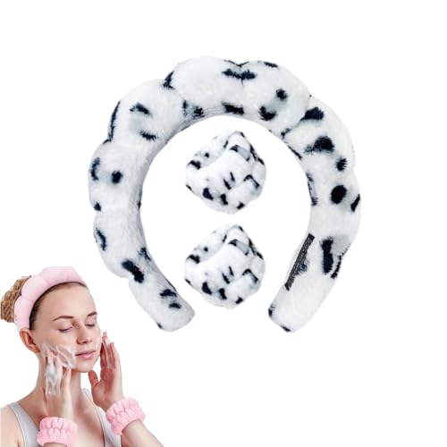 3er-Set Premium Spa Haarbänder für Damen & Mädchen - Extra weiches Anti-Rutsch Make-up Band + Armband (5,5 cm) Breites Stirnband aus hautfreundlichem (Grau-weißes Leopardenmuster, Einzeln 76g) von JACKANNA