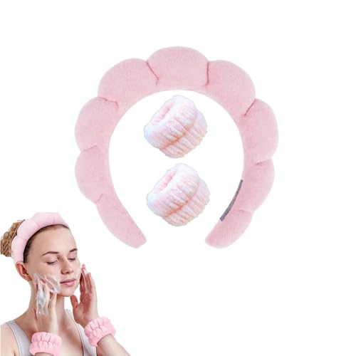 3er-Set Premium Spa Haarbänder für Damen & Mädchen - Extra weiches Anti-Rutsch Make-up Band + Armband (5,5 cm) Breites Stirnband aus hautfreundlichem (Rosa, Einzeln 76g) von JACKANNA