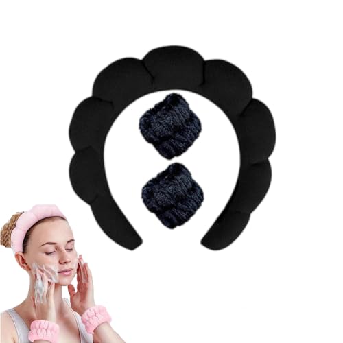 3er-Set Premium Spa Haarbänder für Damen & Mädchen - Extra weiches Anti-Rutsch Make-up Band + Armband (5,5 cm) Breites Stirnband aus hautfreundlichem (Schwarz, Einzeln 76g) von JACKANNA