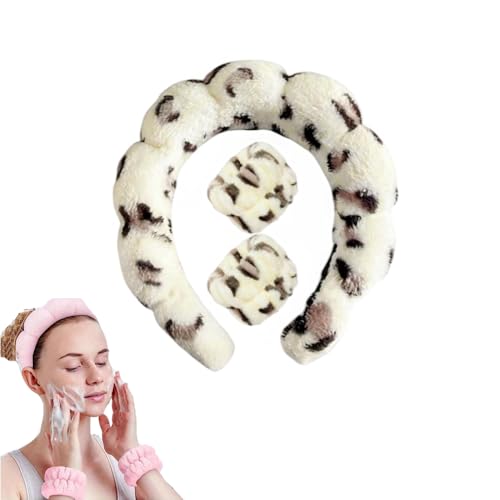 3er-Set Premium Spa Haarbänder für Damen & Mädchen - Extra weiches Anti-Rutsch Make-up Band + Armband (5,5 cm) Breites Stirnband aus hautfreundlichem (Weiß-braunes Leopardenmuster, Einzeln 76g) von JACKANNA