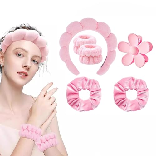 6-teiliges Stirnband-Set für Gesichtspflege – Weiche Cloud-Schaum Kopfhörer + Armband für Erwachsene & Kinder – Make-up, SPA, Yoga, Dusche (Rosa, Sechsteiliges Set) von JACKANNA