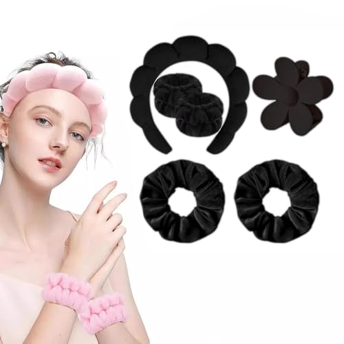 6-teiliges Stirnband-Set für Gesichtspflege – Weiche Cloud-Schaum Kopfhörer + Armband für Erwachsene & Kinder – Make-up, SPA, Yoga, Dusche (Schwarz, Sechsteiliges Set) von JACKANNA