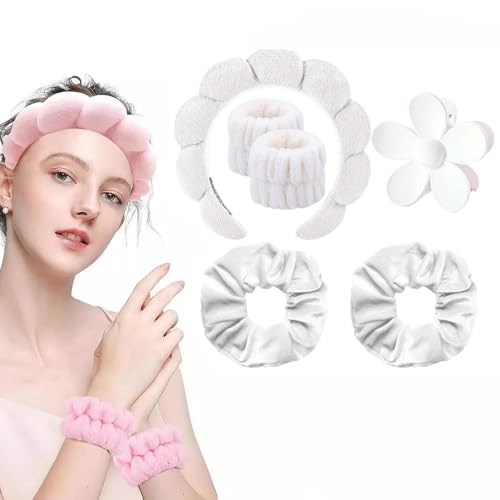 6-teiliges Stirnband-Set für Gesichtspflege – Weiche Cloud-Schaum Kopfhörer + Armband für Erwachsene & Kinder – Make-up, SPA, Yoga, Dusche (Weiß, Sechsteiliges Set) von JACKANNA