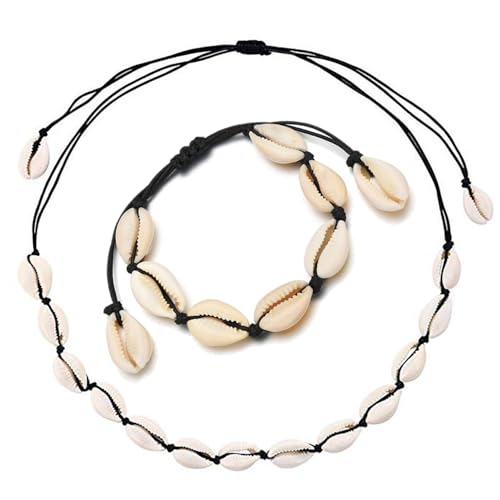 JACKANNA Muschel Schmuck Muschel Halskette Armband Set, 2 Stück Muschel Halskette Natürliche Muschelketten Muschel Halsketten Armband Boho Muschelkette (Schwarze Muschel) von JACKANNA