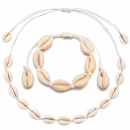 JACKANNA Muschel Schmuck Muschel Halskette Armband Set, 2 Stück Muschel Halskette Natürliche Muschelketten Muschel Halsketten Armband Boho Muschelkette (Weiße Muschel) von JACKANNA