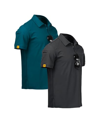 JACKETOWN 2er-Pack-Poloshirt Herren Kurzarm Schnelltrocknend Atmungsaktives Polo Shirt Sommer Tshirt Männer Knopfleiste Casual Sport Shirt Basic Regular Fit Golf Polohemd(Dunkelgrau+Türkis-3XL) von JACKETOWN