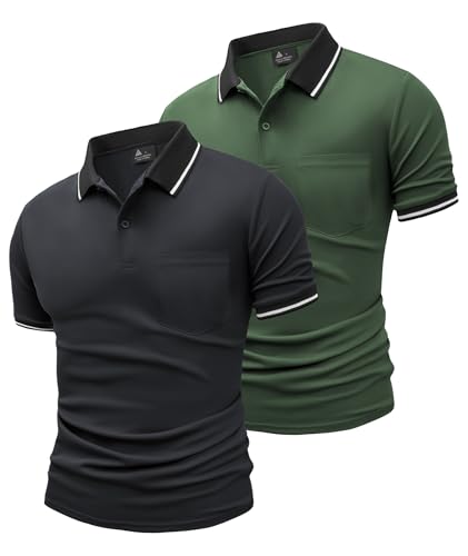 JACKETOWN 2er Pack Poloshirts Herren Kurzarm Golf Polo Hemd Männer mit Tasche Schnelltrocknend Atmungsaktives Work Polohemd Herren Sommer Slim Fit Shirt Tennis Basic Tshirt(Grau Armeegrün 2XL) von JACKETOWN
