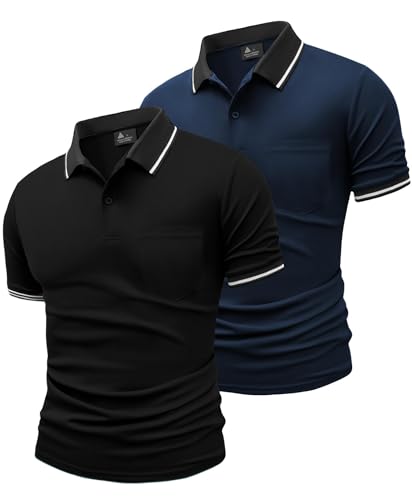JACKETOWN 2er Pack Poloshirts Herren Kurzarm Golf Polo Hemd Männer mit Tasche Schnelltrocknend Atmungsaktives Work Polohemd Herren Sommer Slim Fit Shirt Tennis Basic Tshirt(Grau Marineblau M) von JACKETOWN