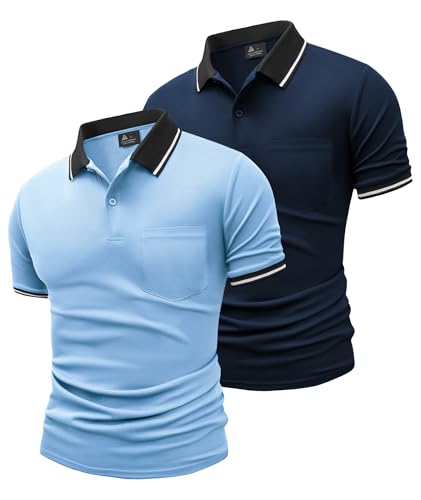 JACKETOWN 2er Pack Poloshirts Herren Kurzarm Golf Polo Hemd Männer mit Tasche Schnelltrocknend Atmungsaktives Work Polohemd Herren Sommer Slim Fit Shirt Tennis Basic Tshirt(Hellblau Marineblau 2XL) von JACKETOWN