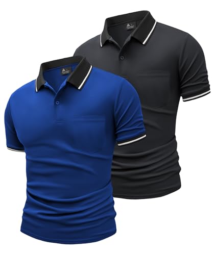 JACKETOWN 2er Pack Poloshirts Herren Kurzarm Golf Polo Hemd Männer mit Tasche Schnelltrocknend Atmungsaktives Work Polohemd Herren Sommer Slim Fit Shirt Tennis Basic Tshirt(Saphirblau Grau 3XL) von JACKETOWN