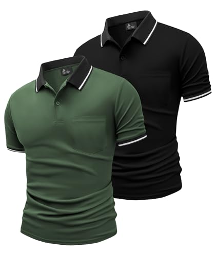 JACKETOWN 2er Pack Poloshirts Herren Kurzarm Golf Polo Hemd Männer mit Tasche Schnelltrocknend Atmungsaktives Work Polohemd Herren Sommer Slim Fit Shirt Tennis Basic Tshirt(Schwarz Armeegrün M) von JACKETOWN