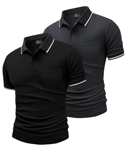 JACKETOWN 2er Pack Poloshirts Herren Kurzarm Golf Polo Hemd Männer mit Tasche Schnelltrocknend Atmungsaktives Work Polohemd Herren Sommer Slim Fit Shirt Tennis Basic Tshirt(Schwarz Grau 2XL) von JACKETOWN