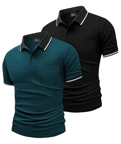 JACKETOWN 2er Pack Poloshirts Herren Kurzarm Golf Polo Hemd Männer mit Tasche Schnelltrocknend Atmungsaktives Work Polohemd Herren Sommer Slim Fit Shirt Tennis Basic Tshirt(Türkis Schwarz L) von JACKETOWN