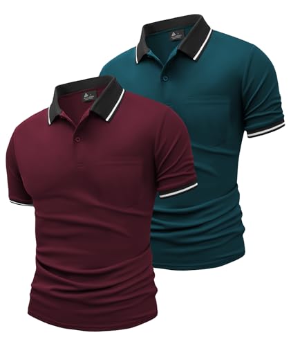 JACKETOWN 2er Pack Poloshirts Herren Kurzarm Golf Polo Hemd Männer mit Tasche Schnelltrocknend Atmungsaktives Work Polohemd Herren Sommer Slim Fit Shirt Tennis Basic Tshirt(Weinrot Türkis XL) von JACKETOWN
