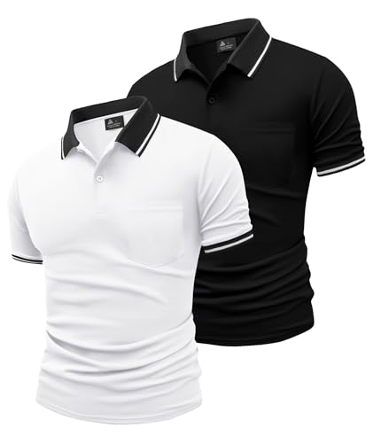 JACKETOWN 2er Pack Poloshirts Herren Kurzarm Golf Polo Hemd Männer mit Tasche Schnelltrocknend Atmungsaktives Work Polohemd Herren Sommer Slim Fit Shirt Tennis Basic Tshirt(Weiß Schwarz XL) von JACKETOWN