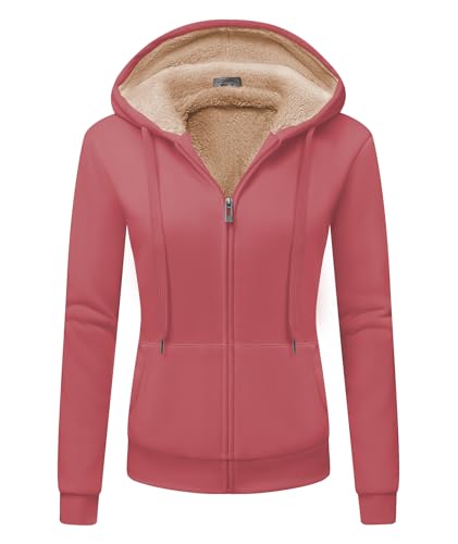 JACKETOWN Sweatjacke Damen Fleecejacke Kapuzenjacke Hoodie Fleece Gefüttert Winterjacke mit Reißverschluss y Kapuze Fleecepullover Kapuzenpullover, (Wassermelonenrot-L) von JACKETOWN