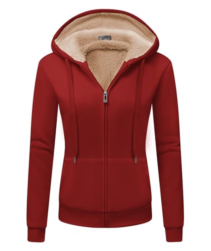 JACKETOWN Sweatjacke Damen Fleecejacke Kapuzenjacke Hoodie Fleece Gefüttert Winterjacke mit Reißverschluss y Kapuze Fleecepullover Kapuzenpullover, (Rot-M) von JACKETOWN