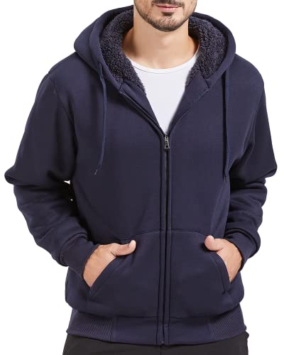 JACKETOWN Fleecejacke Herren Gefüttert Strickjacke Reißverschluss Teddyfutter Sweatshirt Männer Warm Winter Hoodie mit Kapuze Navy Blau XL von JACKETOWN