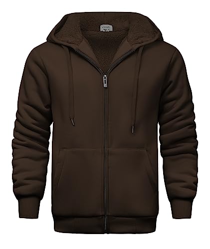 JACKETOWN Fleecejacke Herren Reißverschluss Teddyfutter Sweatshirt Warm Gefüttert Strickjacke Männer Winter Fleece Hoody mit Kapuze Braun XL von JACKETOWN