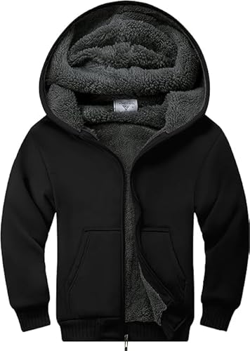 JACKETOWN Fleecejacken für Jungen Langarm mit Kapuze mit Reißverschluss Sportjacke Kinder Schwarzes, warmes Kinder-Sweatshirt mit Spiralmanschetten(Schwarz-L) von JACKETOWN