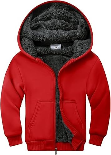 JACKETOWN Fleecejacken für Jungen Langarm mit Kapuze mit Reißverschluss sportjacke Kinder, Rotes warmes Kinder-Sweatshirt mit Spiralmanschetten(Rot-2XL) von JACKETOWN