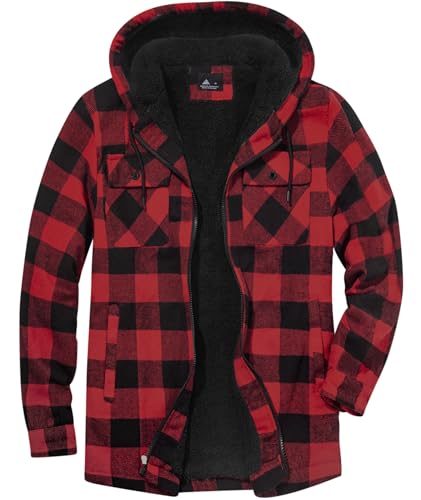 JACKETOWN Hemdjacke Kariertes Herren hoodies Flanelljacke Warm Thermohemd Herren Holzfäller Jacke Verdicken Freizeitjacke kariert coat Langarm mit Reißverschluss FleeceFutter Winterjacke (Rot S) von JACKETOWN