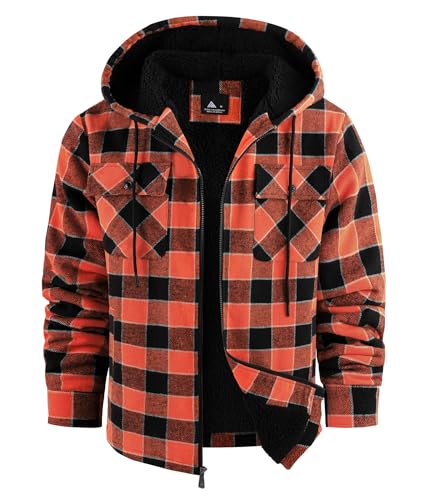 JACKETOWN Herren Fleecejacke Flanell Hemdjacke mit Kapuze Übergangsjacke Warm Gefüttert Kariertes Holzfällerhemd Winterjacke mit Taschen Casual Outdoor Mantel für Herbst Winte von JACKETOWN