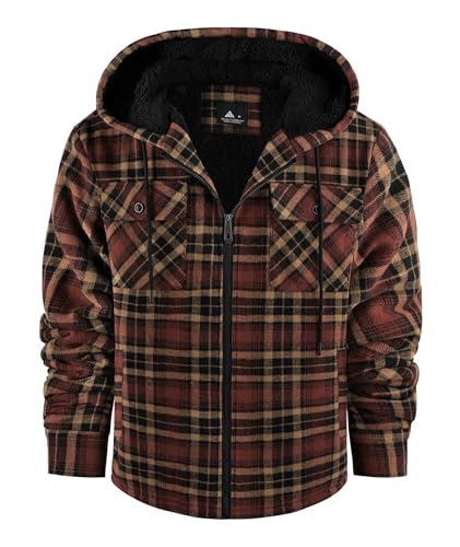 JACKETOWN Herren Fleecejacke Flanell Hemdjacke mit Kapuze Übergangsjacke Warm Gefüttert Kariertes Holzfällerhemd Winterjacke mit Taschen Casual Outdoor Mantel für Herbst Winte von JACKETOWN
