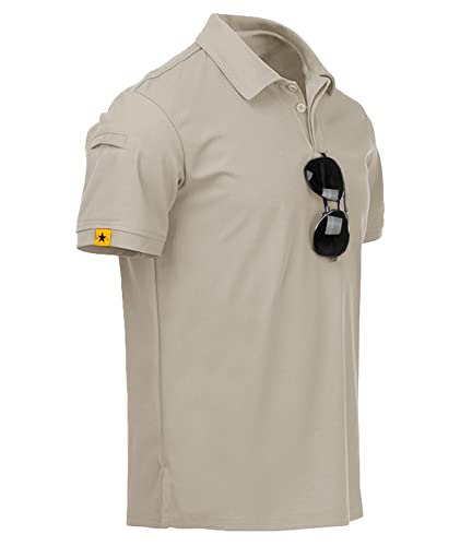 JACKETOWN Herren Poloshirts Kurzarm Regular Fit Polohemd Schnelltrocknend mit Brillenhalter Knopfleiste T-Shirts Sommer Outdoor Sport Golf Lässig Poloshirts Männer(Helles Khaki-2XL) von JACKETOWN