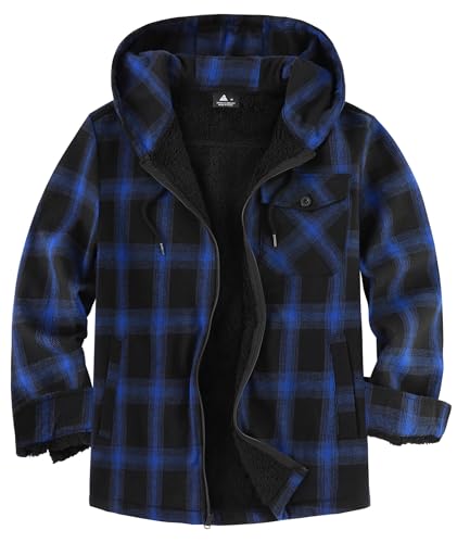 JACKETOWN Holzfällerjacke Herren Gefüttert Hemdjacke Herren mit Kapuze Kariertes Jacke Männer Reißverschluss Flanelljacke Sherpa Jacke Trekking Winterjacke Flanellhemd Outdoor(Blau Schwarz M) von JACKETOWN