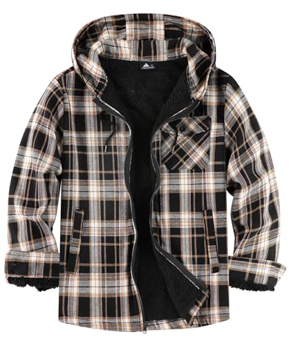 JACKETOWN Holzfällerjacke Herren Gefüttert Hemdjacke Herren mit Kapuze Kariertes Jacke Männer Reißverschluss Flanelljacke Sherpa Jacke Trekking Winterjacke Flanellhemd Outdoor(Brown Schwarz M) von JACKETOWN