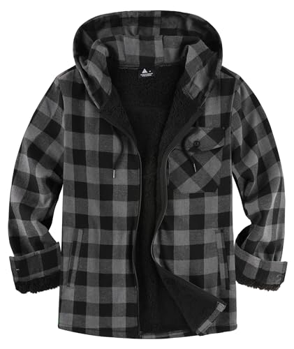 JACKETOWN Holzfällerjacke Herren Gefüttert Hemdjacke Herren mit Kapuze Kariertes Jacke Männer Reißverschluss Flanelljacke Sherpa Jacke Trekking Winterjacke Flanellhemd Outdoor(Dunkelgrau 3XL) von JACKETOWN