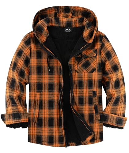 JACKETOWN Holzfällerjacke Herren Gefüttert Hemdjacke Herren mit Kapuze Kariertes Jacke Männer Reißverschluss Flanelljacke Sherpa Jacke Trekking Winterjacke Flanellhemd Outdoor(Schwarz Orange 2XL) von JACKETOWN