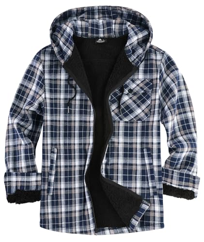 JACKETOWN Holzfällerjacke Herren Gefüttert Hemdjacke Herren mit Kapuze Kariertes Jacke Männer Reißverschluss Flanelljacke Sherpa Jacke Trekking Winterjacke Thermohemd Outdoor(Marineblau L) von JACKETOWN