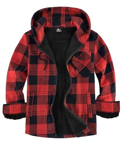 JACKETOWN Holzfällerjacke Herren Gefüttert Hemdjacke Herren mit Kapuze Kariertes Jacke Männer Reißverschluss Flanelljacke Sherpa Jacke Trekking Winterjacke Thermohemd Outdoor(Schwarz Rot XL) von JACKETOWN