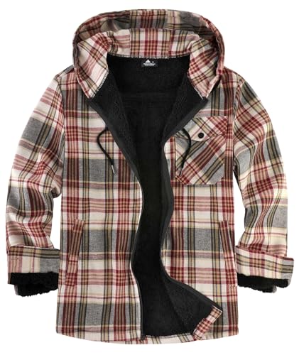 JACKETOWN Holzfällerjacke Herren Gefüttert Hemdjacke Herren mit Kapuze Kariertes Jacke Männer Reißverschluss Flanelljacke Sherpa Jacke Trekking Winterjacke Thermohemd Outdoor(Weinrot XL) von JACKETOWN