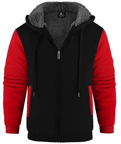 JACKETOWN Hoodie Herren Warm Fleece Kapuzenpullover Zipper Sweatshirt Männer Gefüttert Winterjacke Teddyfleece Jacke mit Kapuze Schwarz Rot L von JACKETOWN