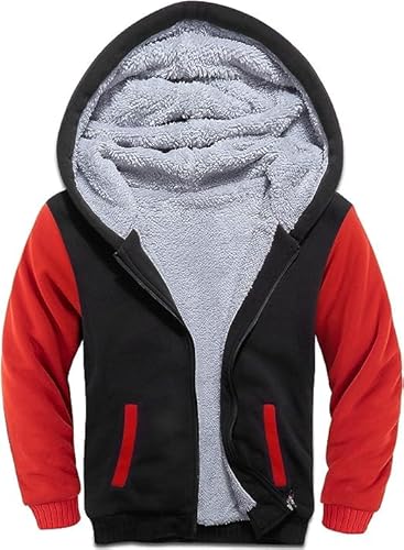 JACKETOWN Kinder Hoodie Sweatshirt mit Reißverschluss, Jungen Kids Classic Kapuzenpullover Fleecejacke mit Kapuze Langarm Kinder Warme Winterjacken(Schwarz Rot-2XL) von JACKETOWN