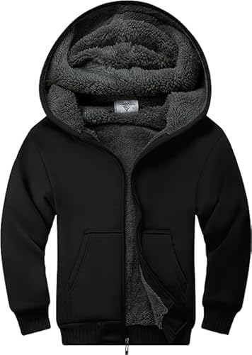JACKETOWN Jungen Sweatjacke Gefüttert Kinder Hoodie Sweatshirt Kapuzenpullover Fleecejacke mit Kapuze Langarm Warme Winterjacke Classic Pullover mit Reißverschluss(Schwarz-2XL) von JACKETOWN
