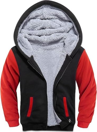 JACKETOWN Jungen Sweatjacke Gefüttert Kinder Hoodie Sweatshirt Kapuzenpullover Fleecejacke mit Kapuze Langarm Warme Winterjacke Classic Pullover mit Reißverschluss(Schwarz Rot-XL) von JACKETOWN